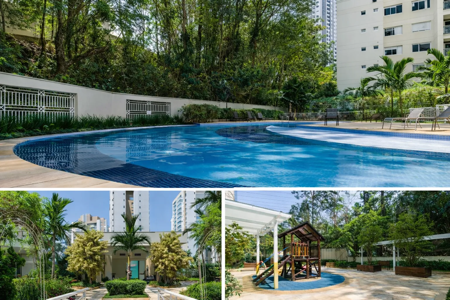 Piscina externa, paisagismo e playground do Condomínio Taman na Vila Andrade