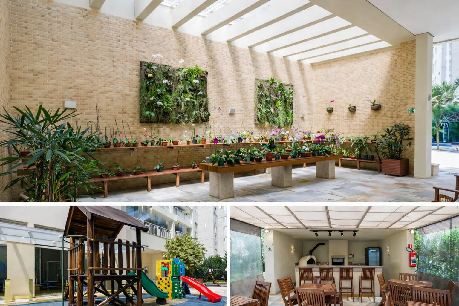 Playground, orquidário e espaço gourmet com churrasqueira do Condomínio Taman